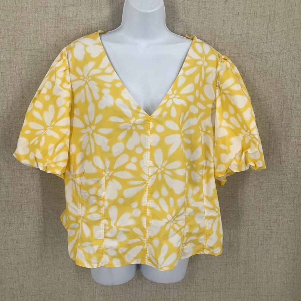 Banana Republic Blouse Sz 20 Yellow Cotton Floral Puff Sleeve Boho Bold Sunny